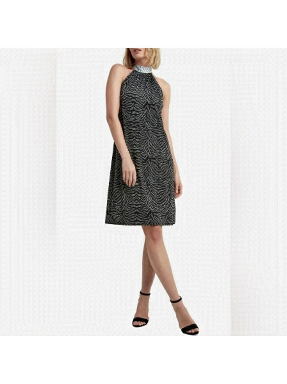 NWT H Halston Printed Knee Length Halter Dress in Zebra Black